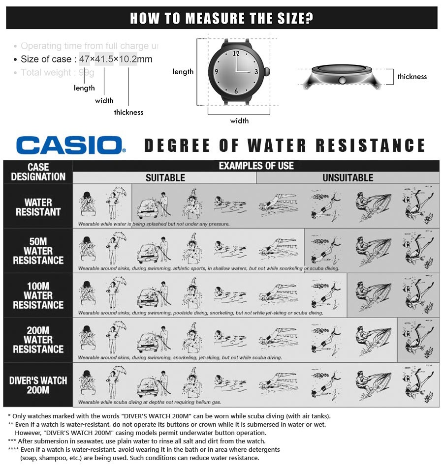Casio Measurement and Degree of Water Resistance